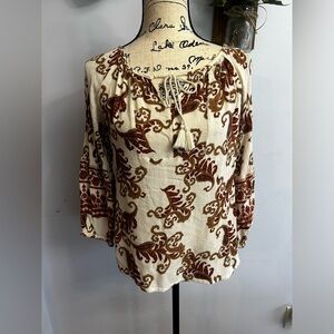 Natural bohemian blouse paisley print tassels peasant top hippie lightweight